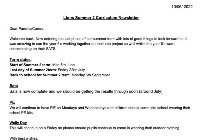 Lions Curriculum Letter 6 Summer 2
